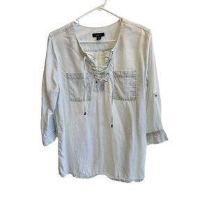 Vtg Intro Women's PL Blue Light Wash Button up Sleeve, Lace up Front Accent